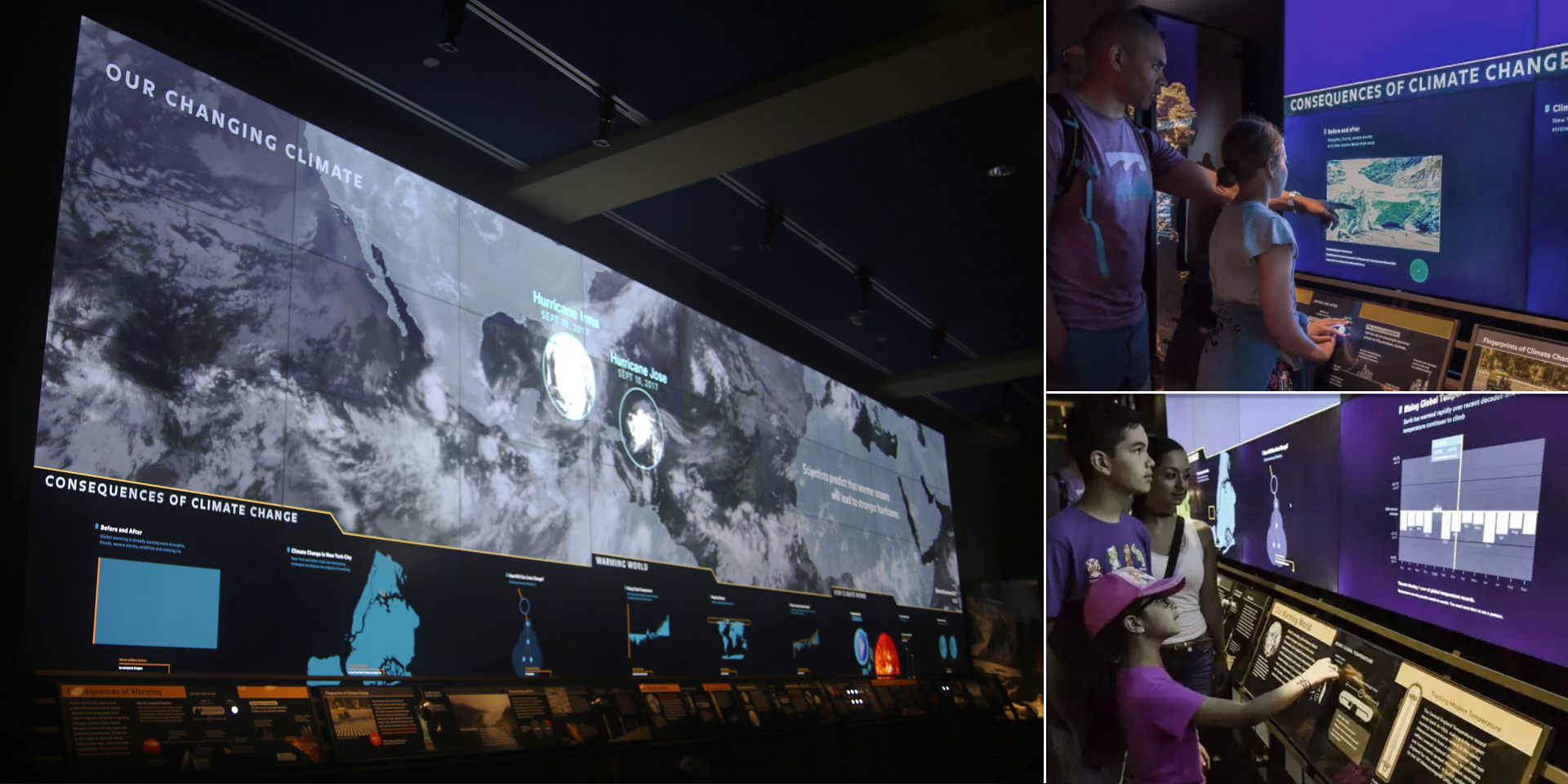Visitors interacting with screens with hurricane visualization on the left